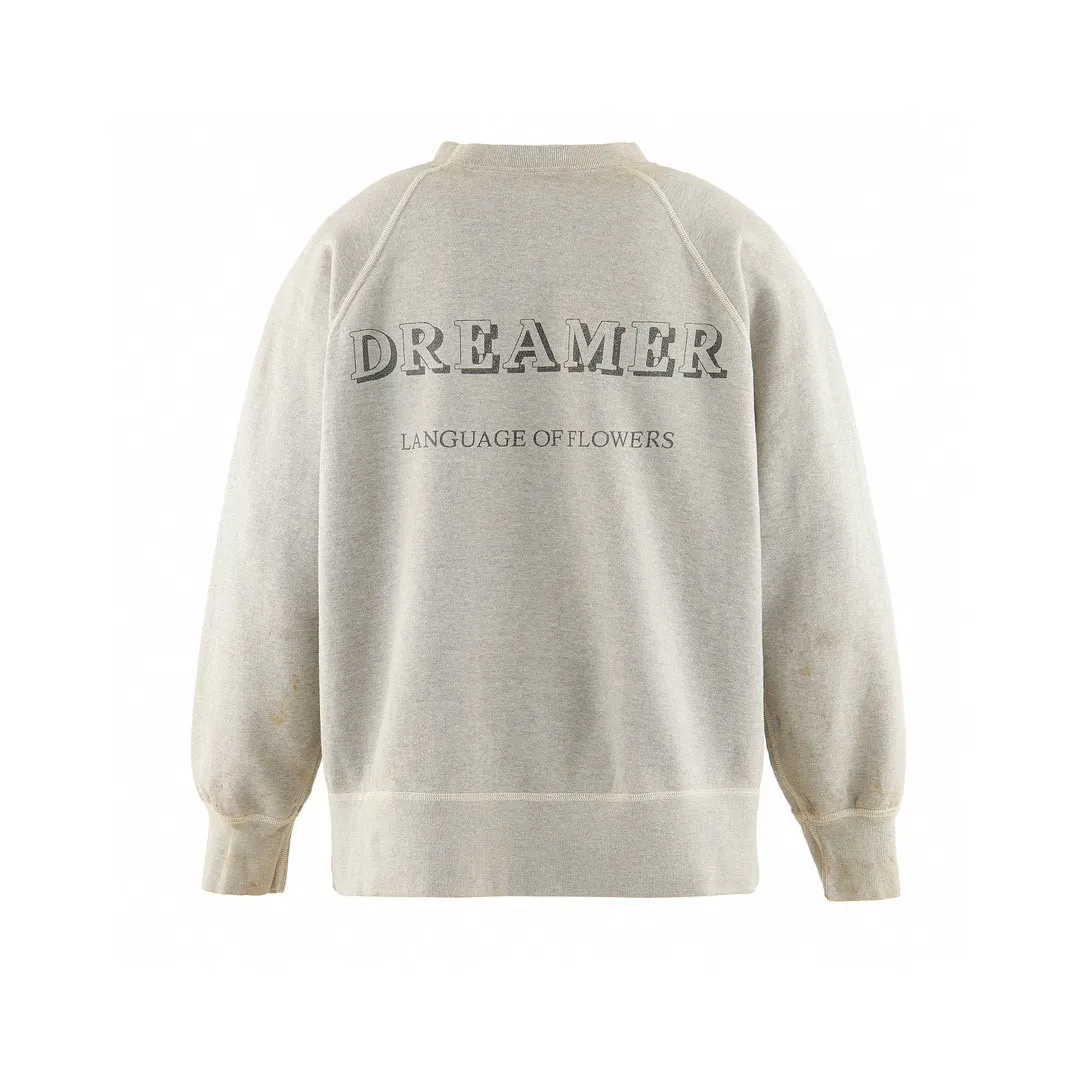 SAINT Mxxxxxx 'FLOWER' CREW NECK SWEAT SHIRTS Floral Distressed Retro Sweatshirt Distressed Gray S-XL Big Factory Four-needle Six-Thread Boneless Stitching Process/Original Horn Sleeve Version Top Printing Process Authentic Level Re-Engraving Garment Washing and Distressing/Hand-worn Graffiti Treatment Original Consistent Fruit Label/Little Angel Anti-Counterfeiting Label